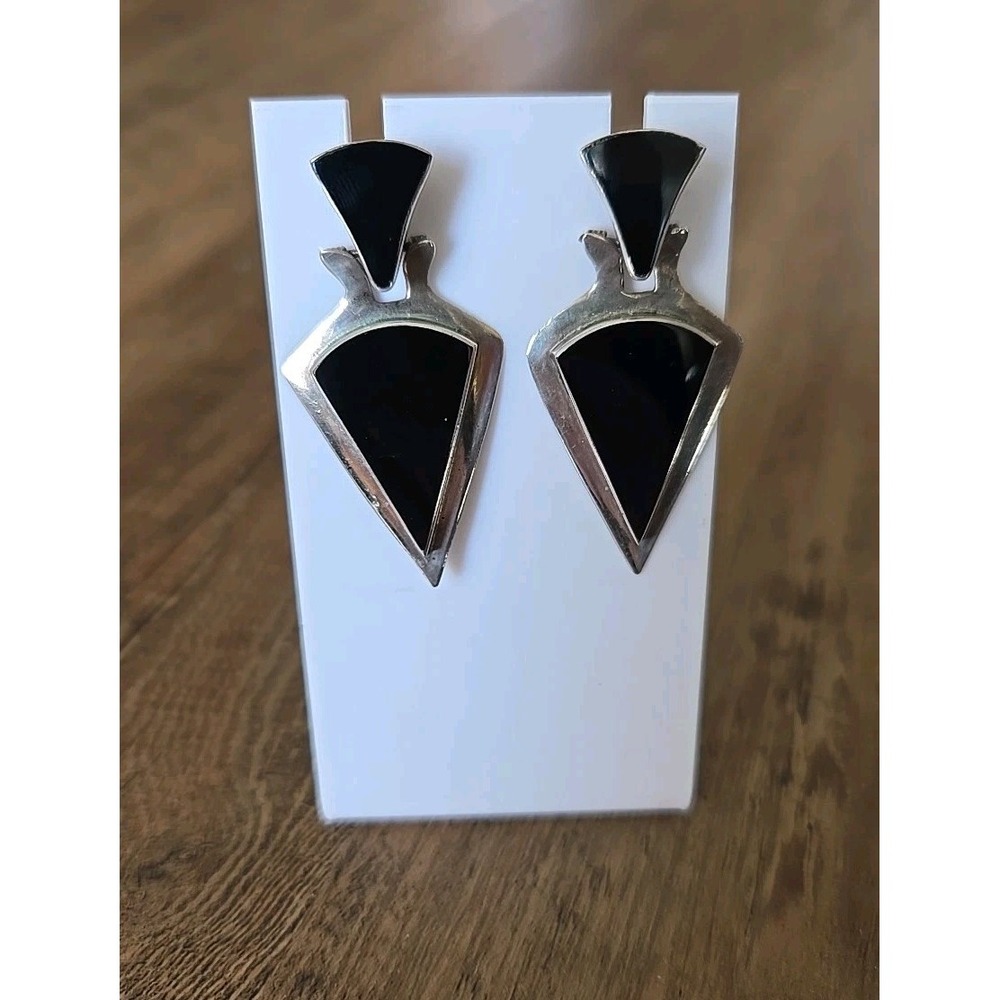 VTG 925 Sterling Black Tourmaline Inlay Drop Post Earrings Triangular EUC